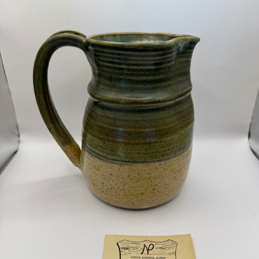 Nancy Postma signed large farmhouse style earthenware pottery pitcher.